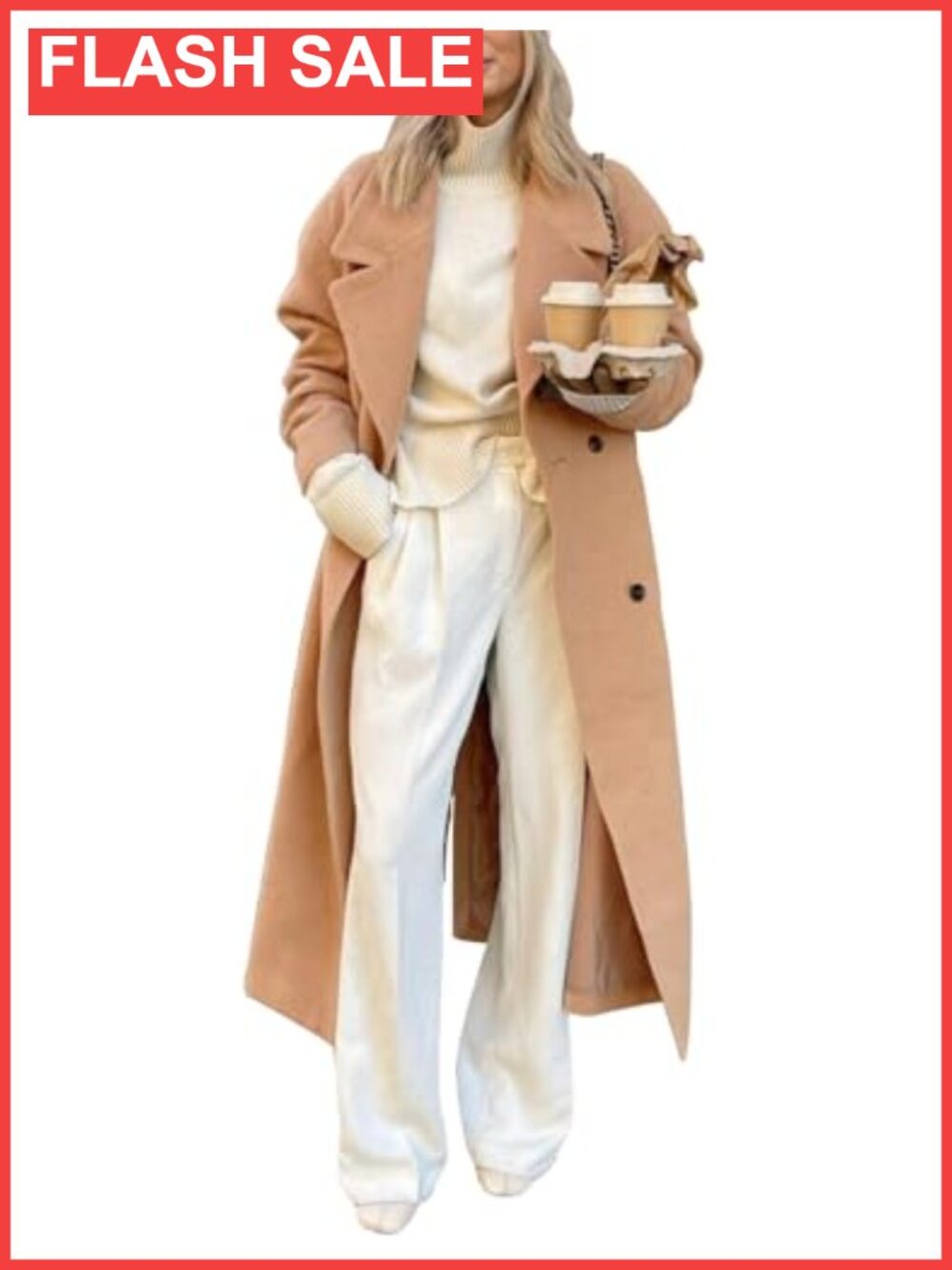 Womens Long Wool Coat Notch Lapel Double Breasted Overcoat